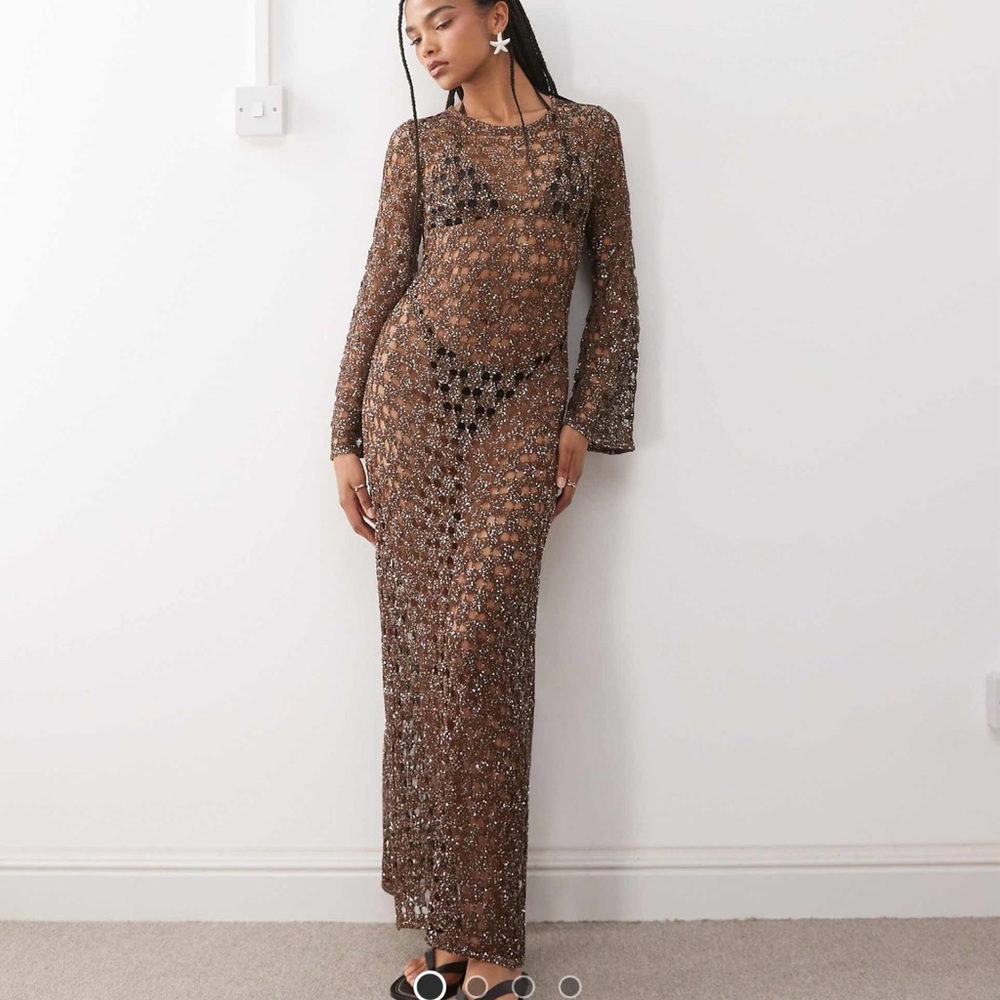 ASOS Brown Sheer Sequin Long Sleeve Beach Dress